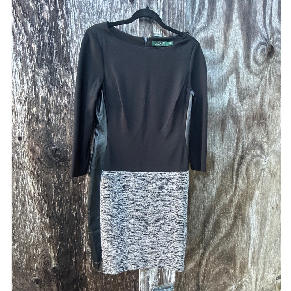 Lauren Ralph Lauren Sheath Dress Faux Leather Tweed Panel Workwear Modern 6